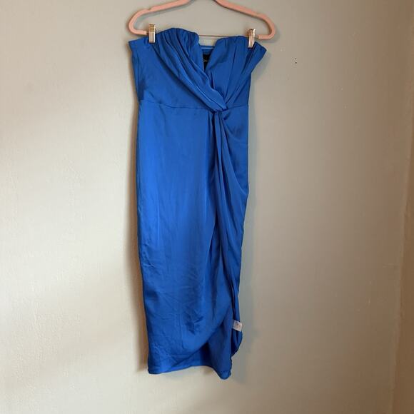 Do and Be Strapless Dress Satin Blue Asymmetrical Hem Elegant Cocktail Size M - Picture 2 of 8
